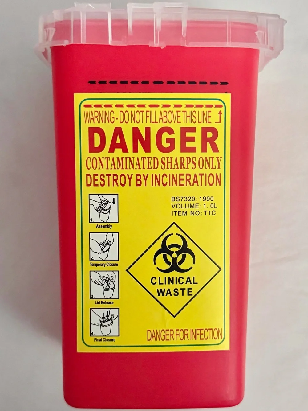 Red Clinical Sharps Container with Biohazard Label Medical Safety Disposable Can